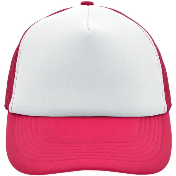A red and white 5-panel polyester mesh trucker cap with a blank front and mesh sides. It features a logo.