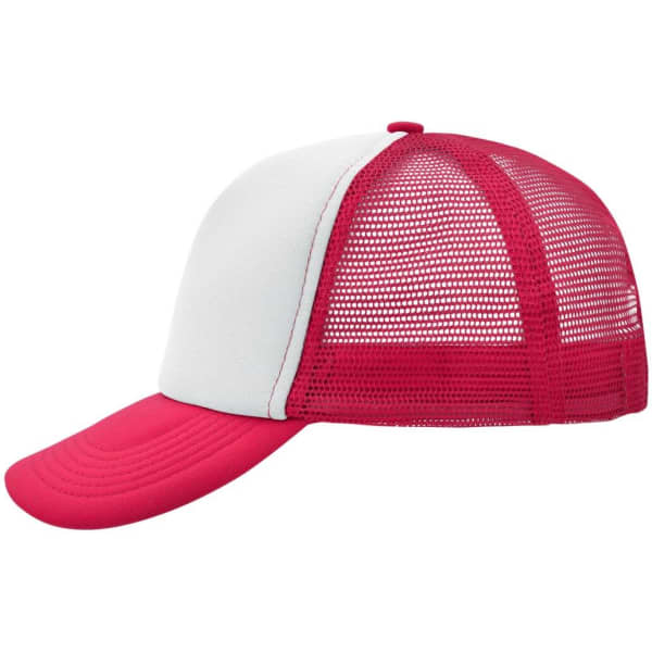 A red and white 5 Panel Polyester Mesh Trucker cap featuring a mesh back and curved brim.