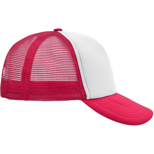 A red and white 5-panel polyester mesh trucker cap with a mesh back and a curved brim.
