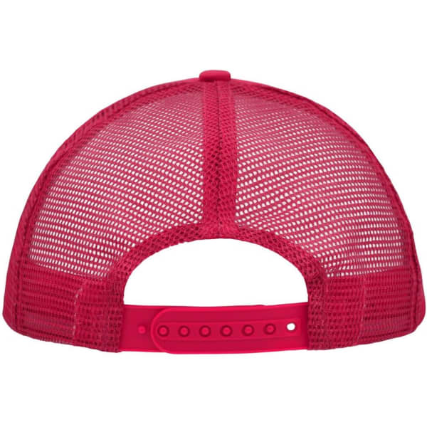 A bright pink 5 panel polyester mesh trucker cap featuring a mesh back and an adjustable strap.