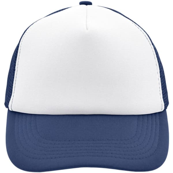 A 5-panel trucker cap in white and navy blue, featuring a mesh back and a logo on the front panel.