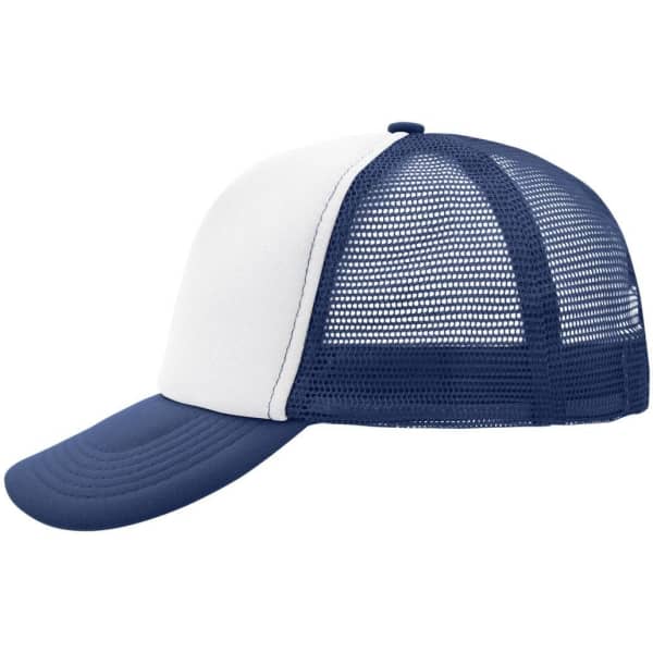 A navy and white 5 Panel Polyester Mesh Trucker cap featuring a breathable mesh design and a curved brim.