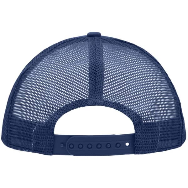 A navy blue 5 Panel Polyester Mesh Trucker hat featuring a mesh back and an adjustable strap.