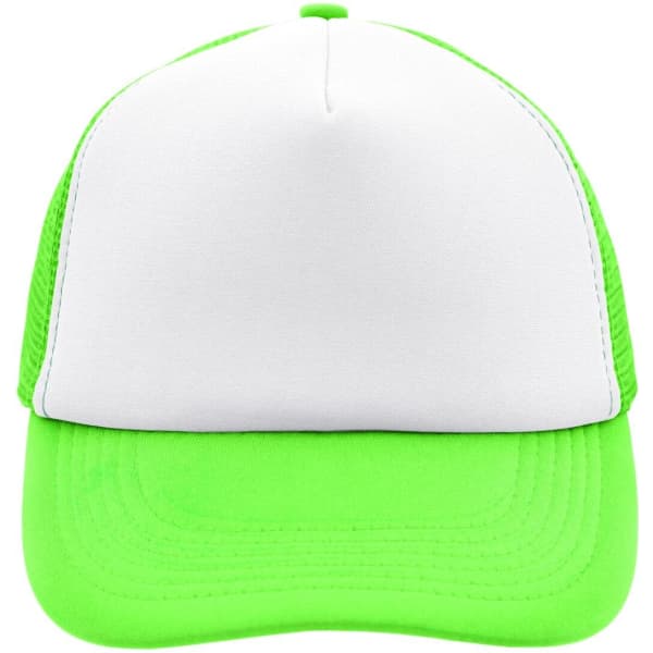 A green and white 5 Panel Polyester Mesh Trucker cap with a logo on the front.