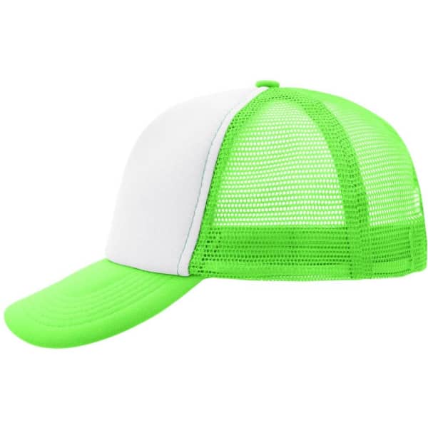 A green and white 5 Panel Polyester Mesh Trucker cap with a mesh back and a curved brim.