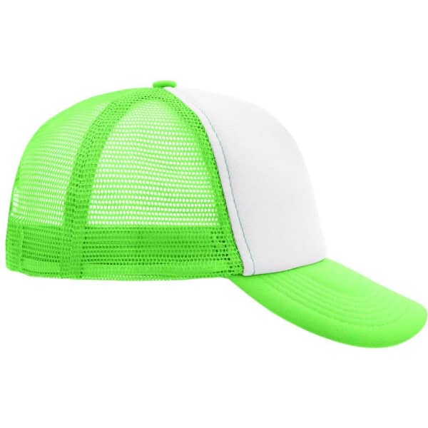 A green and white 5 panel polyester mesh trucker cap with a curved brim and a mesh back.