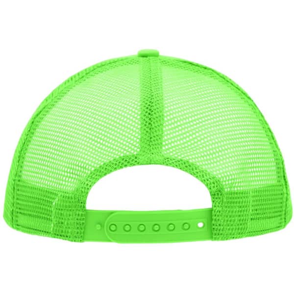A bright green 5-panel polyester mesh trucker cap with a plastic adjustable strap at the back.