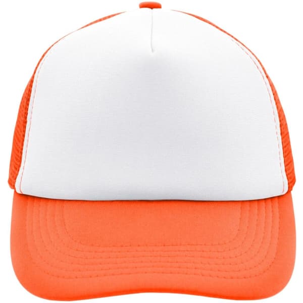 A 5-panel trucker cap featuring an orange bill and mesh sides, with a white front panel and a logo.