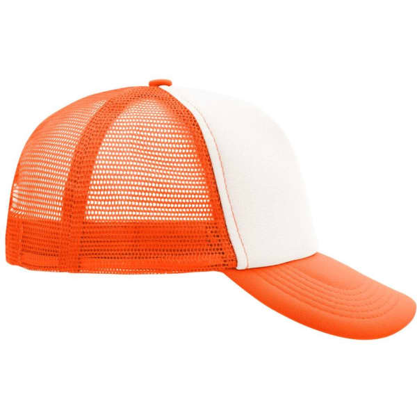 A 5-panel trucker cap in orange and white, featuring a mesh back and a curved brim.