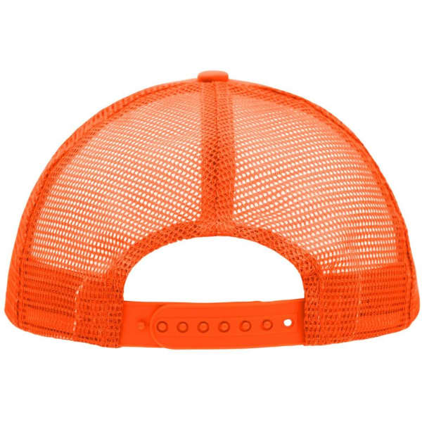An orange 5 Panel Polyester Mesh Trucker cap featuring a mesh back and an adjustable strap.