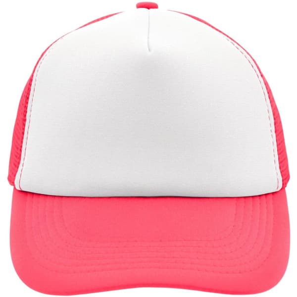 A 5 Panel Polyester Mesh Trucker cap in white and bright pink, featuring a branding logo on the front.