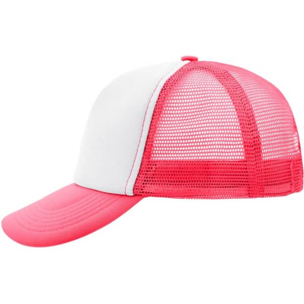 A 5 Panel Polyester Mesh Trucker cap in white and bright pink, featuring a mesh back and a curved brim.