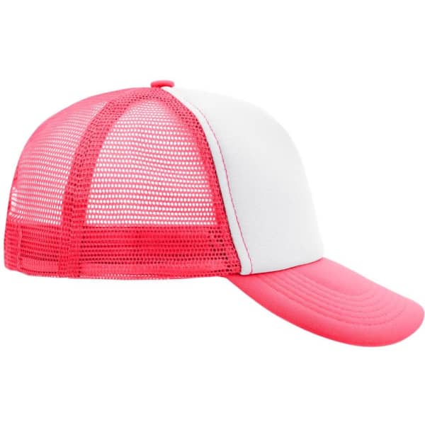 A pink and white 5-panel polyester mesh trucker cap with a curved brim and mesh sides. It features a logo.