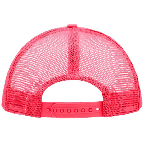 A pink 5 Panel Polyester Mesh Trucker cap with a snapback closure and mesh rear for ventilation.