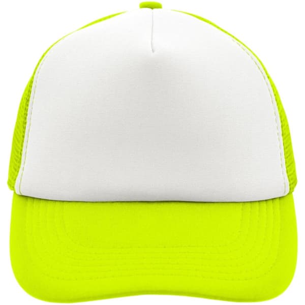 A bright yellow and white 5 Panel Polyester Mesh Trucker cap with a structured front and mesh sides.