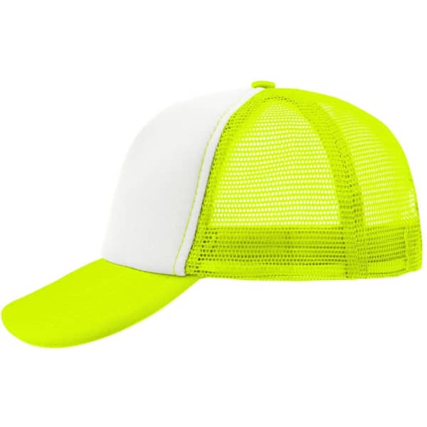 A bright yellow and white 5-panel polyester mesh trucker cap with a curved brim and mesh back.