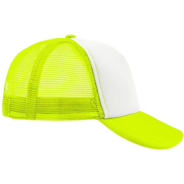 A bright green and white 5 Panel Polyester Mesh Trucker cap with a curved peak and mesh sides, featuring a logo.