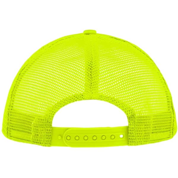 A bright neon yellow 5 panel polyester mesh trucker hat with adjustable snapback closure and a branding logo.
