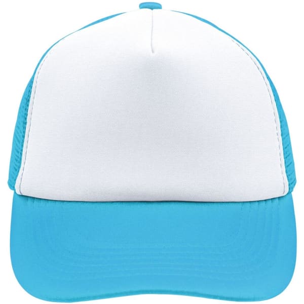 A 5 panel trucker cap in white and turquoise with a back mesh panel and a logo.