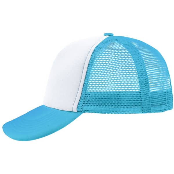 A blue and white 5 Panel Polyester Mesh Trucker cap with a curved brim and mesh back, featuring a logo.