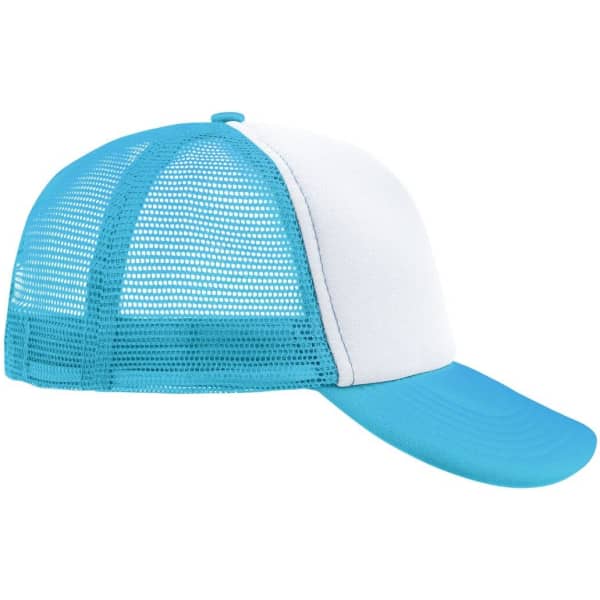 A trucker cap in light blue and white, featuring a mesh back and a curved brim, with a logo present.