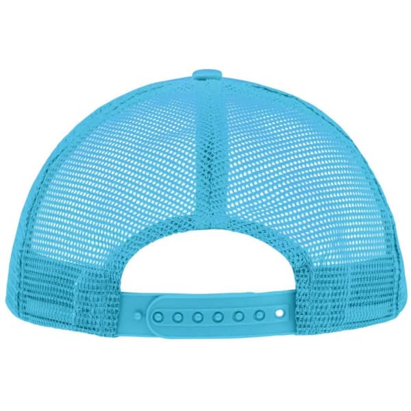 A bright turquoise 5 Panel Polyester Mesh Trucker cap featuring a mesh back and adjustable strap.