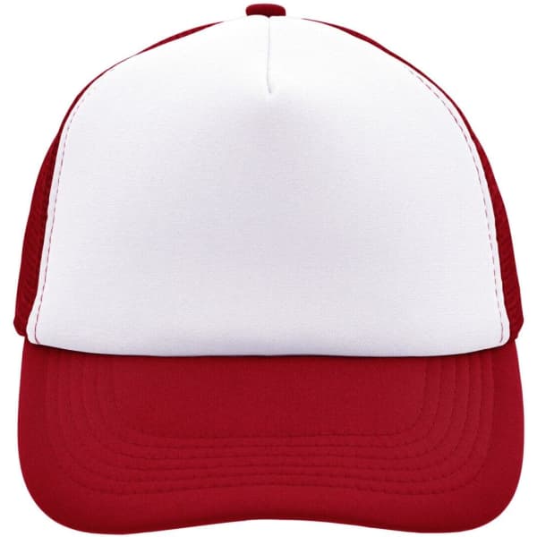 A red and white 5 Panel Polyester Mesh Trucker cap with a logo on the front.