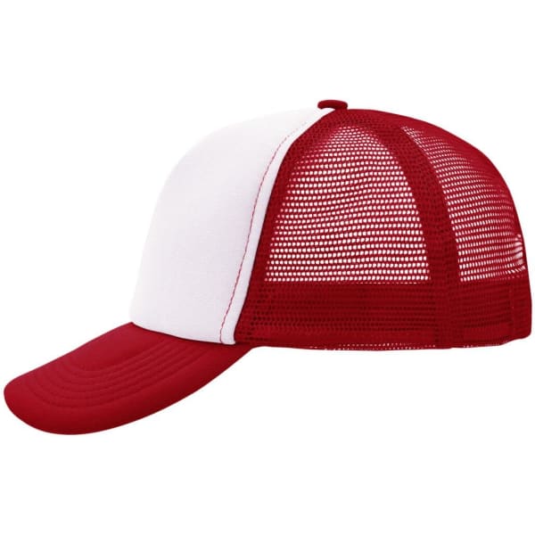 A red and white 5 Panel Polyester Mesh Trucker cap featuring a logo. The back is mesh for breathability.