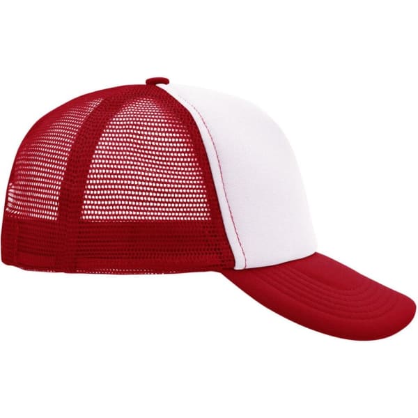 A red and white 5-panel polyester mesh trucker cap with a solid front and mesh back. It features a logo.
