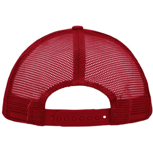 A red 5 Panel Polyester Mesh Trucker cap featuring a mesh design at the back and an adjustable strap.