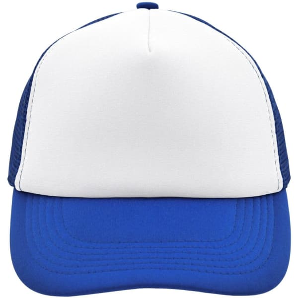 A blue and white 5 Panel Polyester Mesh Trucker cap featuring a logo on the front.