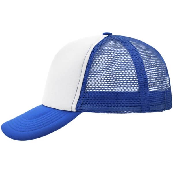 A blue and white 5-panel polyester mesh trucker cap with a curved brim and mesh detailing on the back.