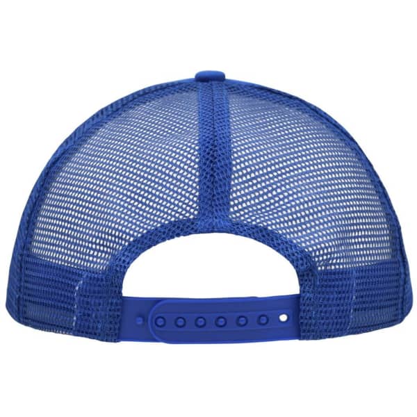 A blue 5 Panel Polyester Mesh Trucker hat featuring a mesh back and an adjustable snap closure.