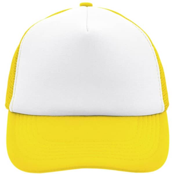 A yellow and white 5 panel polyester mesh trucker cap with a logo on the front.