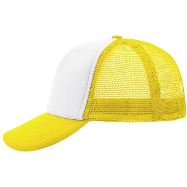 A yellow and white 5-panel polyester mesh trucker cap with a curved peak and a mesh back.