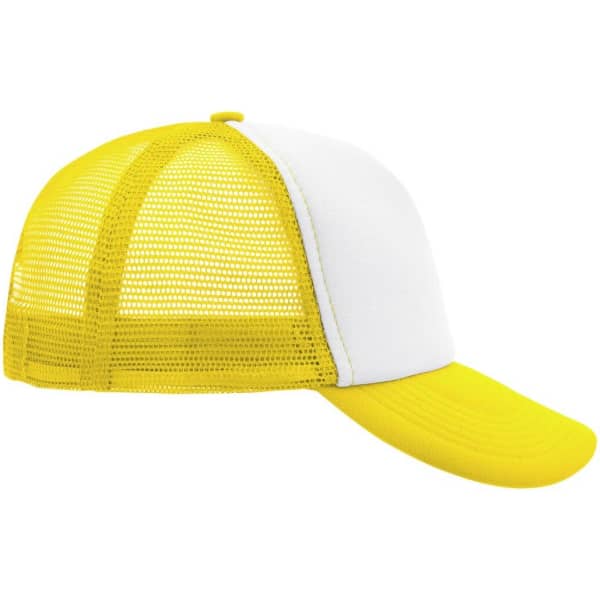 A yellow and white 5-panel polyester mesh trucker cap with a curved brim and a mesh back.