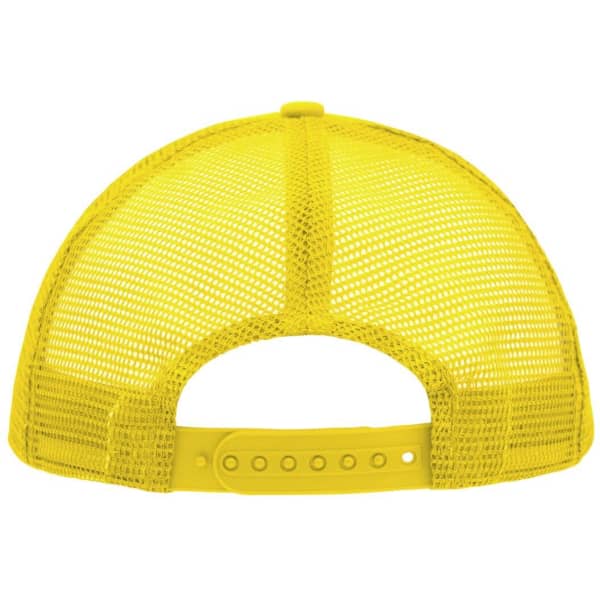 A bright yellow 5-panel polyester mesh trucker hat featuring a snapback closure and a mesh design.