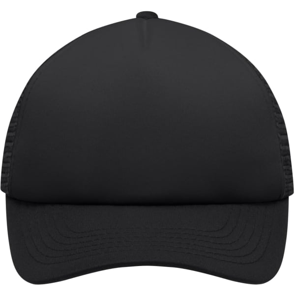 A black 5-panel polyester mesh trucker hat with a structured front and a mesh back. It has a logo.