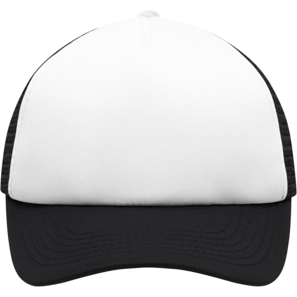 A five-panel trucker cap featuring a white front and a black mesh back. It includes a logo on the front.