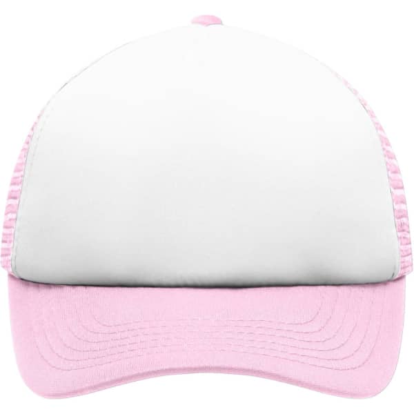 A pink and white 5-panel polyester mesh trucker cap featuring a logo on the front.