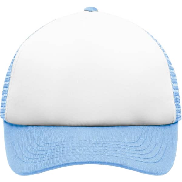 A kids' five-panel trucker cap in white and light blue, featuring a mesh back and a solid front panel.