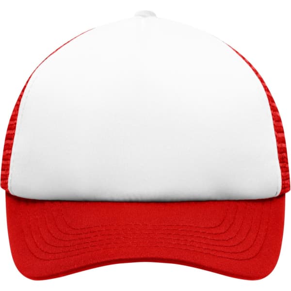 A red and white mesh trucker cap with a front panel suitable for branding or decoration.