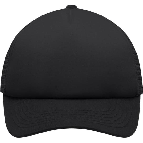 A black 5-panel polyester mesh trucker cap with a curved brim and a logo on the front.