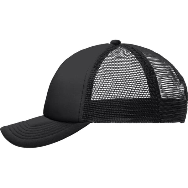 A black kids' polyester mesh trucker cap with a solid front and mesh back, featuring a curved visor and a logo.