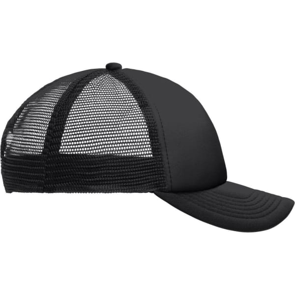 A black Kids 5 Panel Polyester Mesh Trucker cap featuring a mesh back and curved brim, with a logo present.