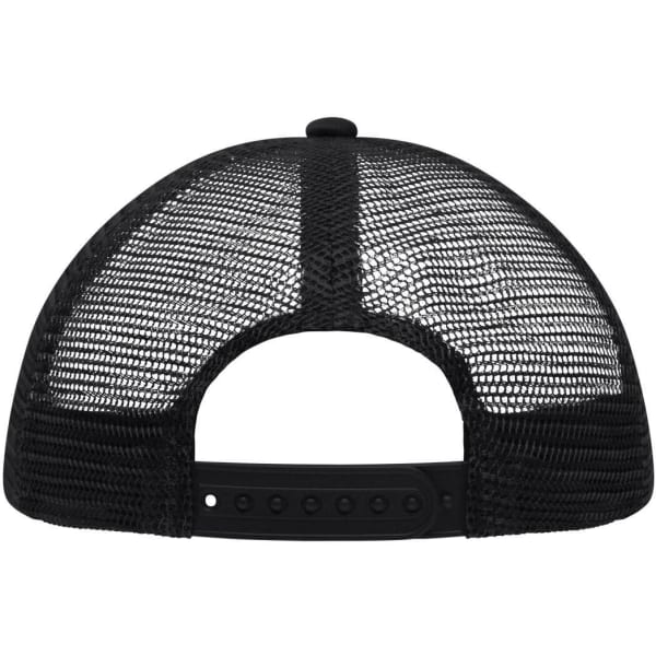 A black Kids 5 Panel Polyester Mesh Trucker cap featuring a mesh back and an adjustable snap closure.