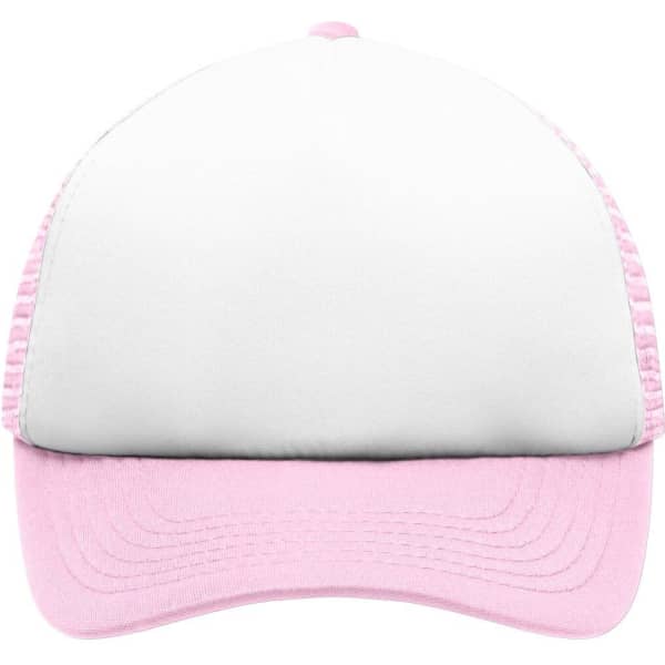 A pink and white kids' 5 panel polyester mesh trucker cap with a curved brim and a logo on the front.