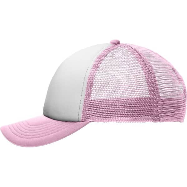 A pink and white trucker cap featuring a mesh back and a curved peak. It has a logo on the front.