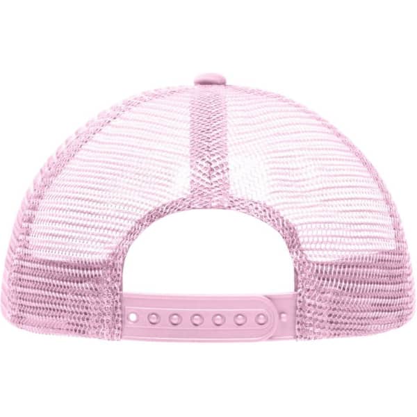A pink mesh trucker cap with an adjustable snapback design, featuring a logo on the back.
