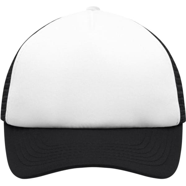 A kids' trucker cap featuring a white front panel and black mesh sides, with a curved brim and logo.
